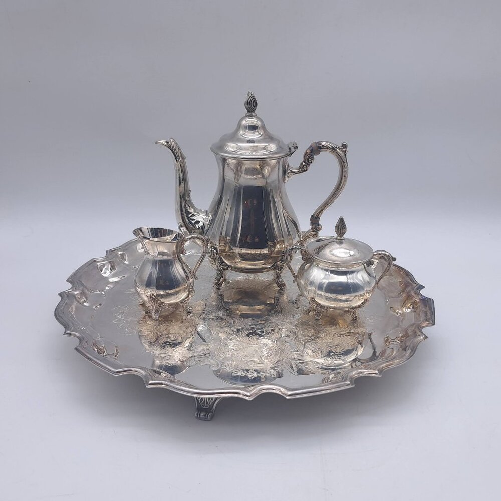 King's Plate Silver Plated Tea Set: Teapot, Creamer, Sugar Bowl & Platter